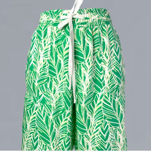 Geometric Leaf Print Linen Drawstring Pants - - Picture 4 of 5
